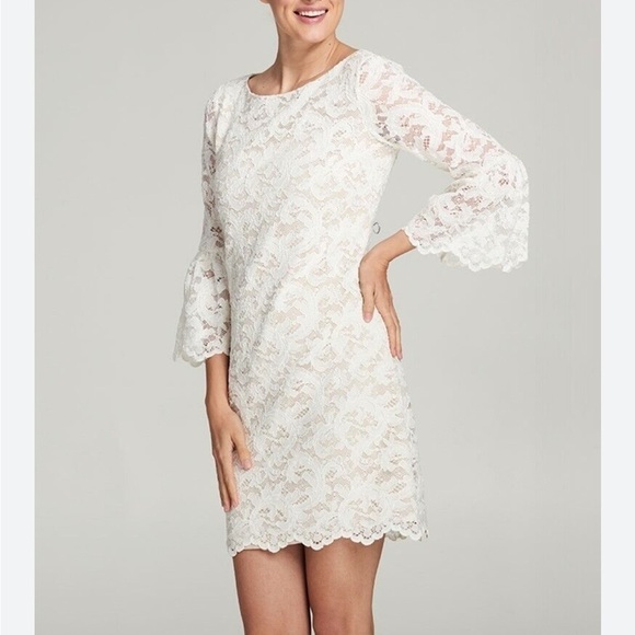 Eliza J Dresses & Skirts - Eliza J Ivory Bell Sleeve Lace Shift Dress Bateau Neck